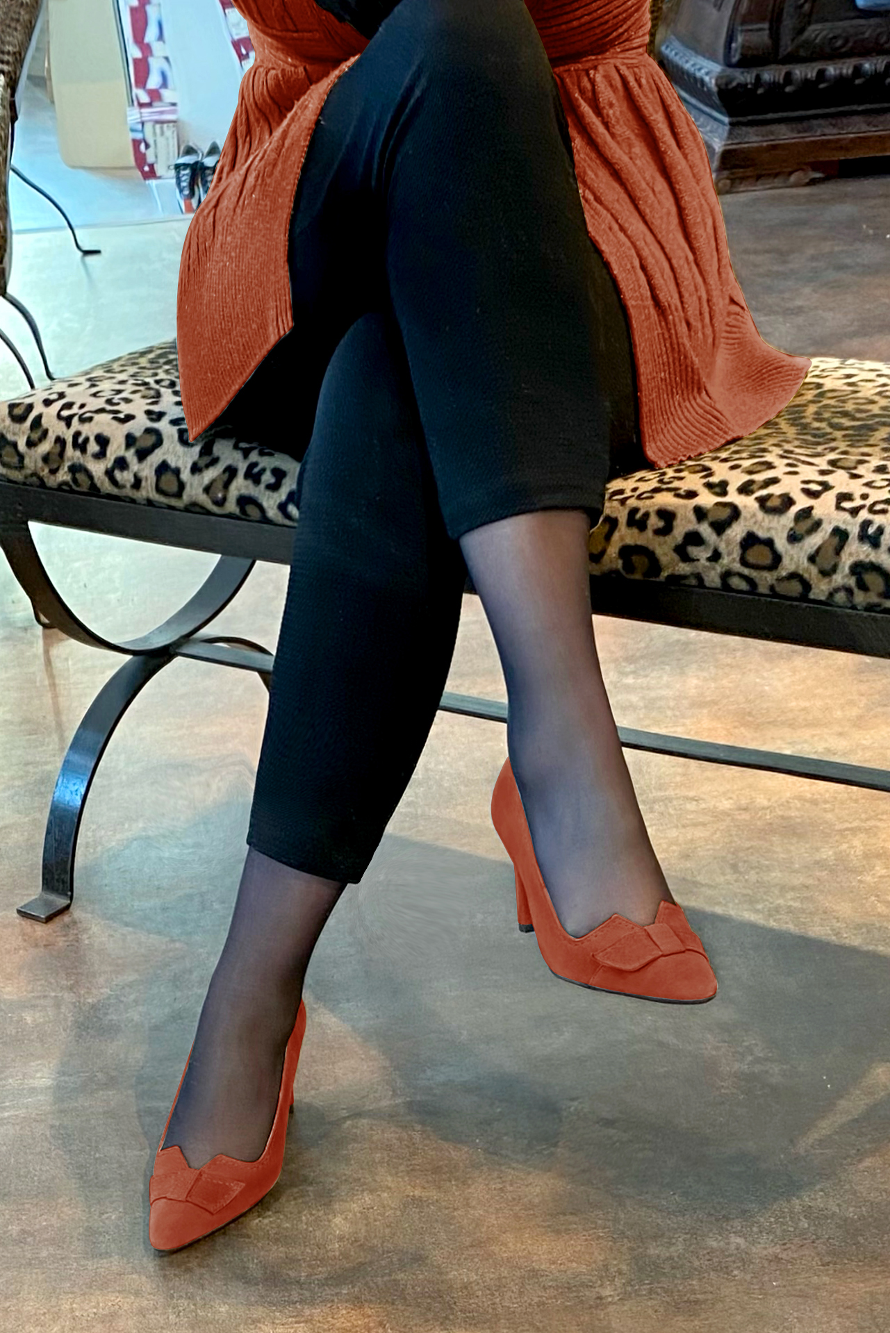 French elegance and refinement for these terracotta orange dress pumps, with a knot on the front, 
                available in many subtle leather and colour combinations. Possibility to customize with your colors and materials.
With its original cutout, this pretty fitted pump
will render you great services, combining comfort and distinction. 
                Matching clutches for parties, ceremonies and weddings.   
                You can customize these shoes to perfectly match your tastes or needs, and have a unique model.  
                Choice of leathers, colours, knots and heels. 
                Wide range of materials and shades carefully chosen.  
                Rich collection of flat, low, mid and high heels.  
                Small and large shoe sizes - Florence KOOIJMAN